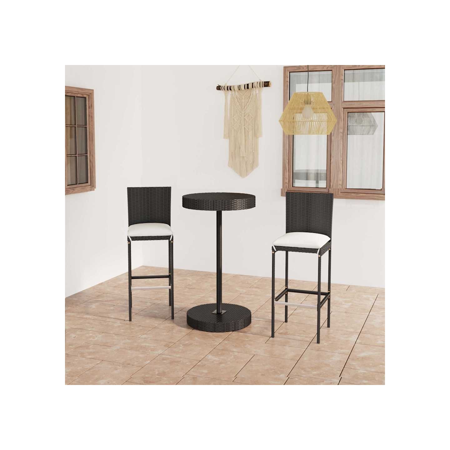 Ensemble de bar de jardin 3 pcs et coussins Résine tressée Noir