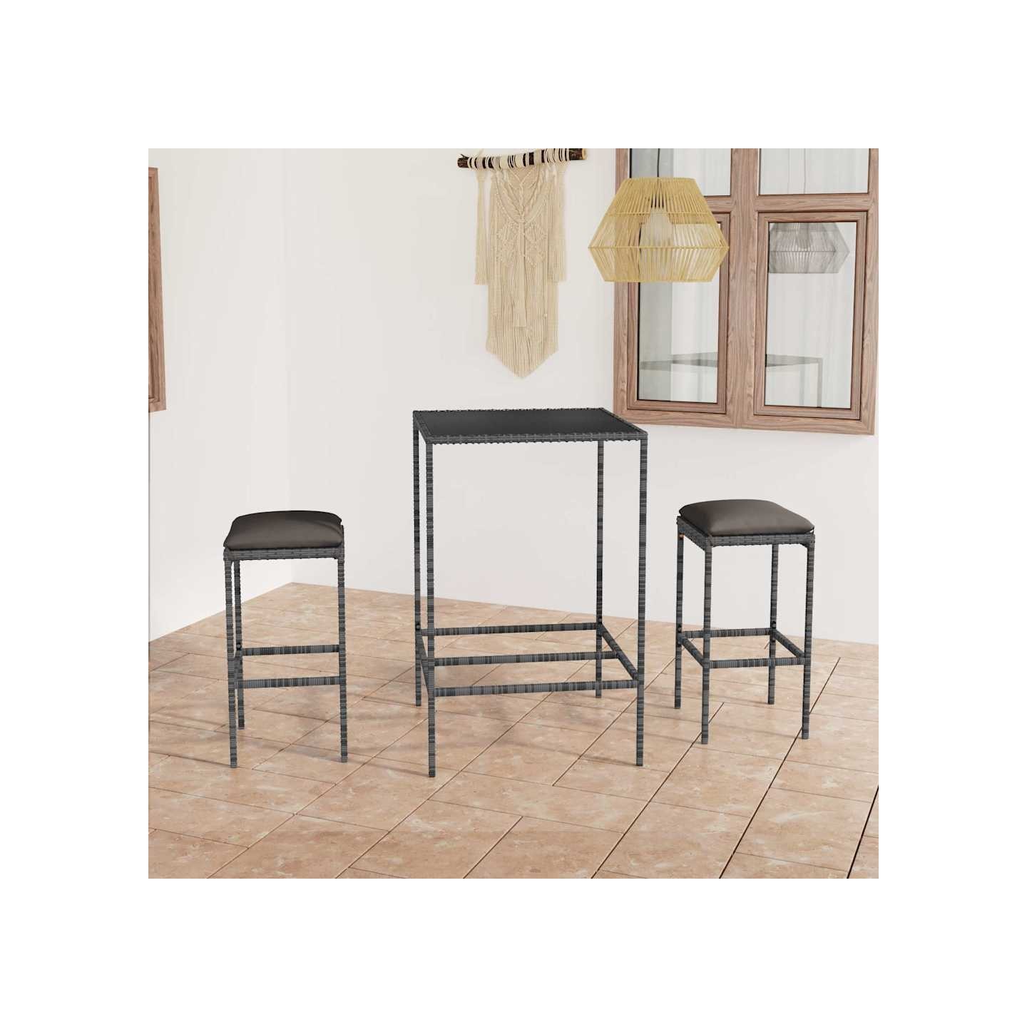 Ensemble de bar de jardin 3 pcs et coussins Résine tressée Gris