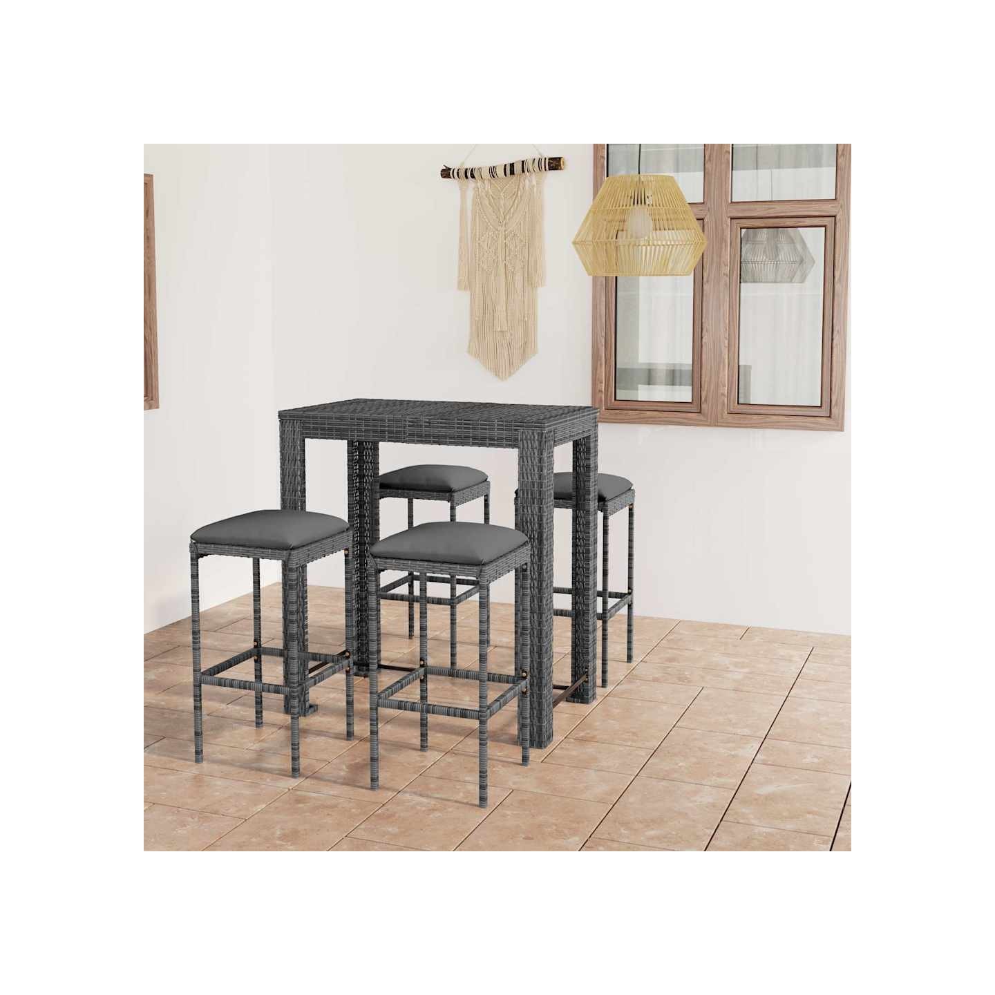 Ensemble de bar de jardin 5 pcs et coussins Résine tressée Gris