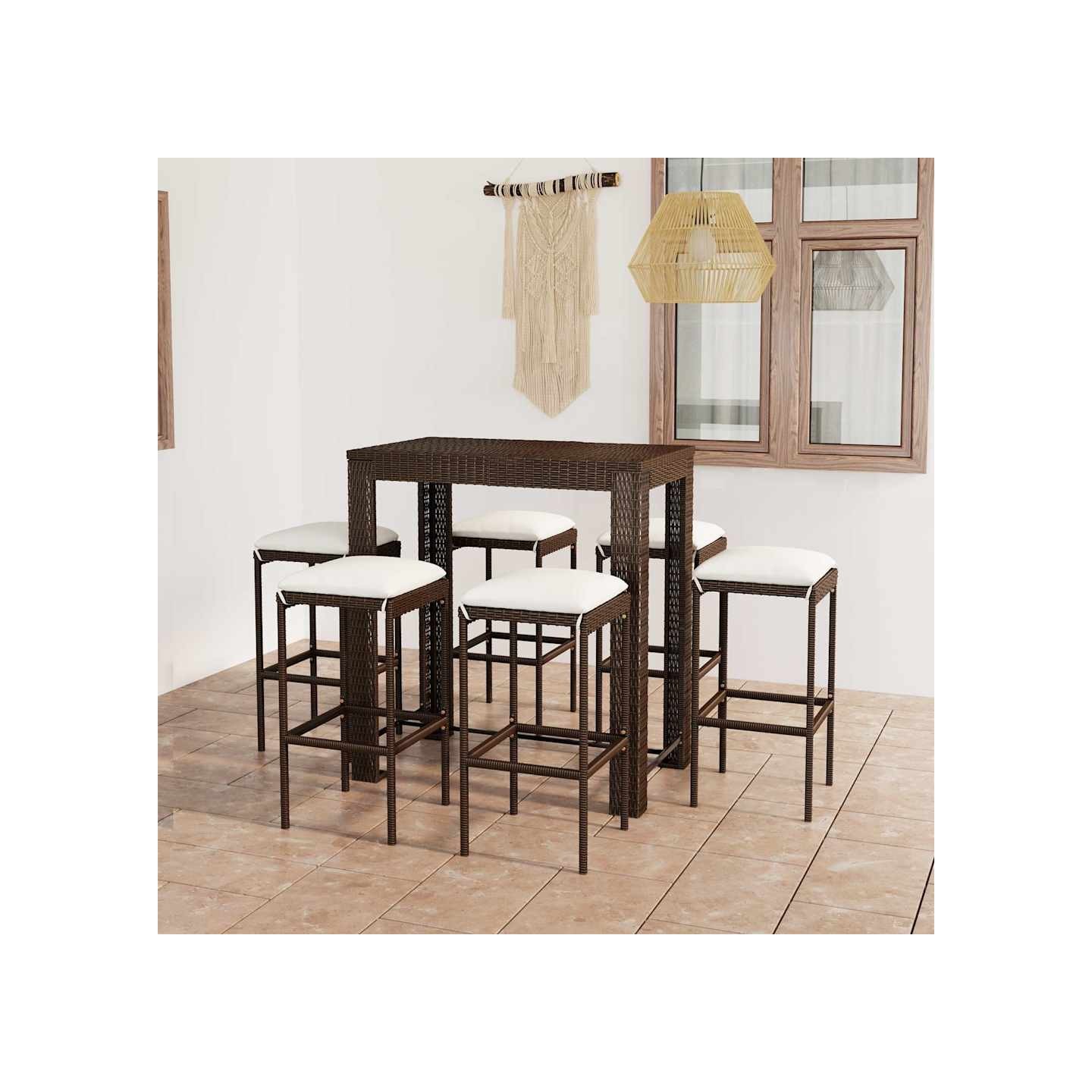 Ensemble de bar de jardin 7 pcs coussins Résine tressée Marron
