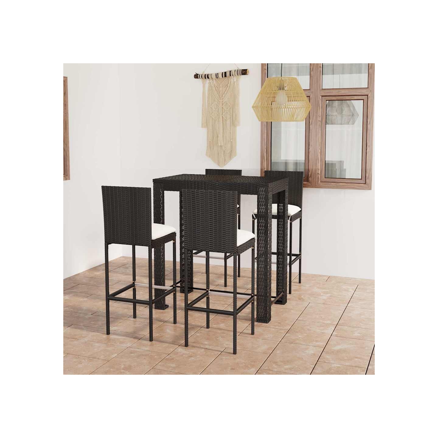 Ensemble de bar d'extérieur 5 pcs coussins Résine tressée Noir