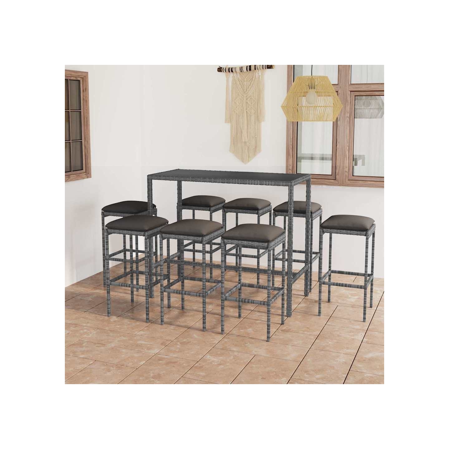 Ensemble de bar de jardin 9 pcs et coussins Résine tressée Gris