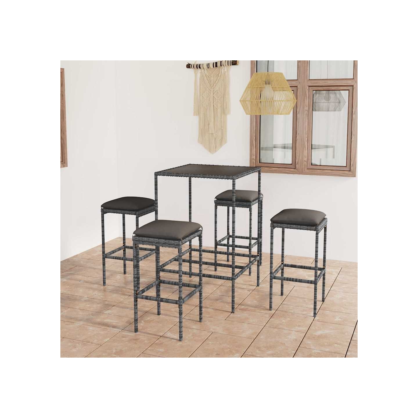 Ensemble de bar de jardin 5 pcs et coussins Résine tressée Gris
