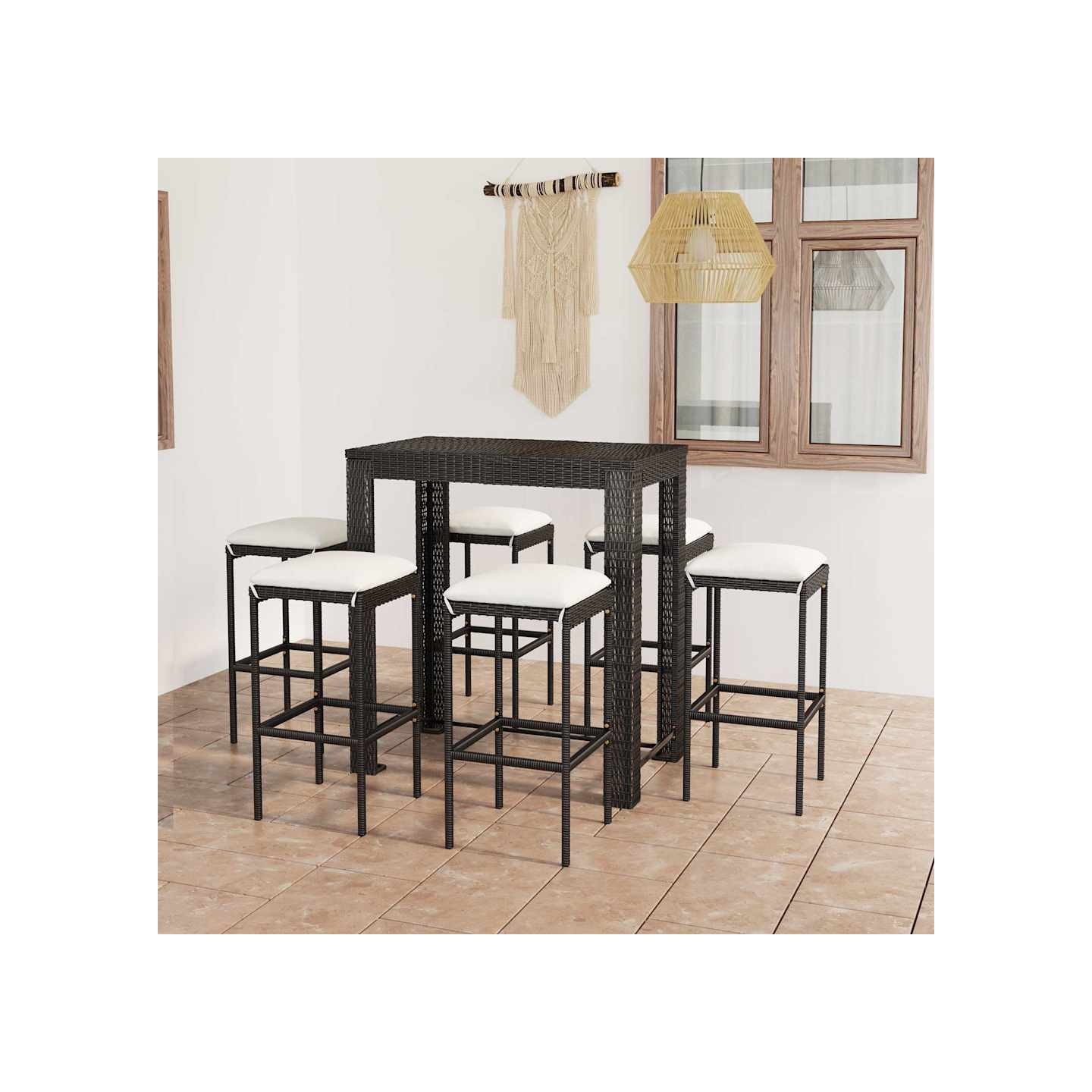 Ensemble de bar de jardin 7 pcs et coussins Résine tressée Noir