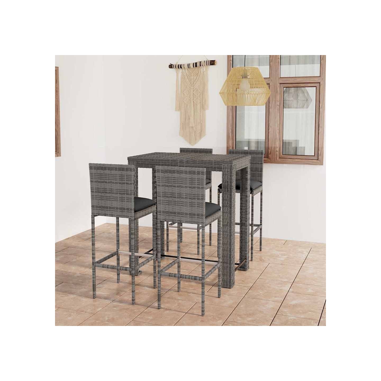 Ensemble de bar d'extérieur 5 pcs coussins Résine tressée Gris