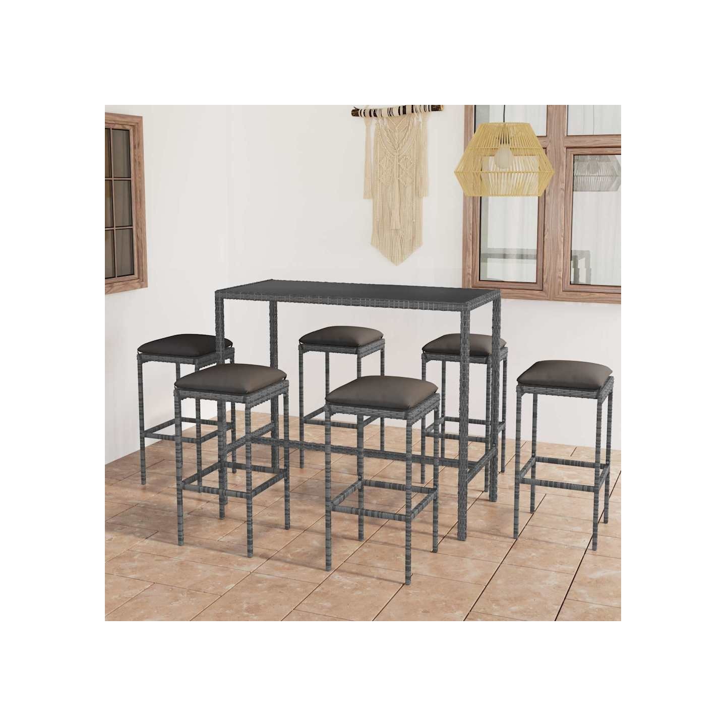 Ensemble de bar de jardin 7 pcs et coussins Résine tressée Gris