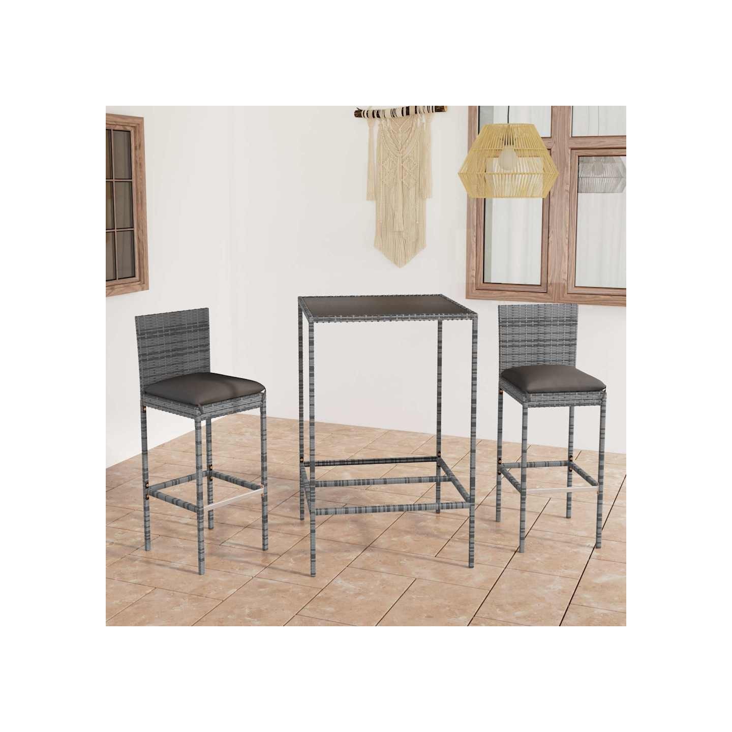 Ensemble de bar de jardin 3 pcs et coussins Résine tressée Gris