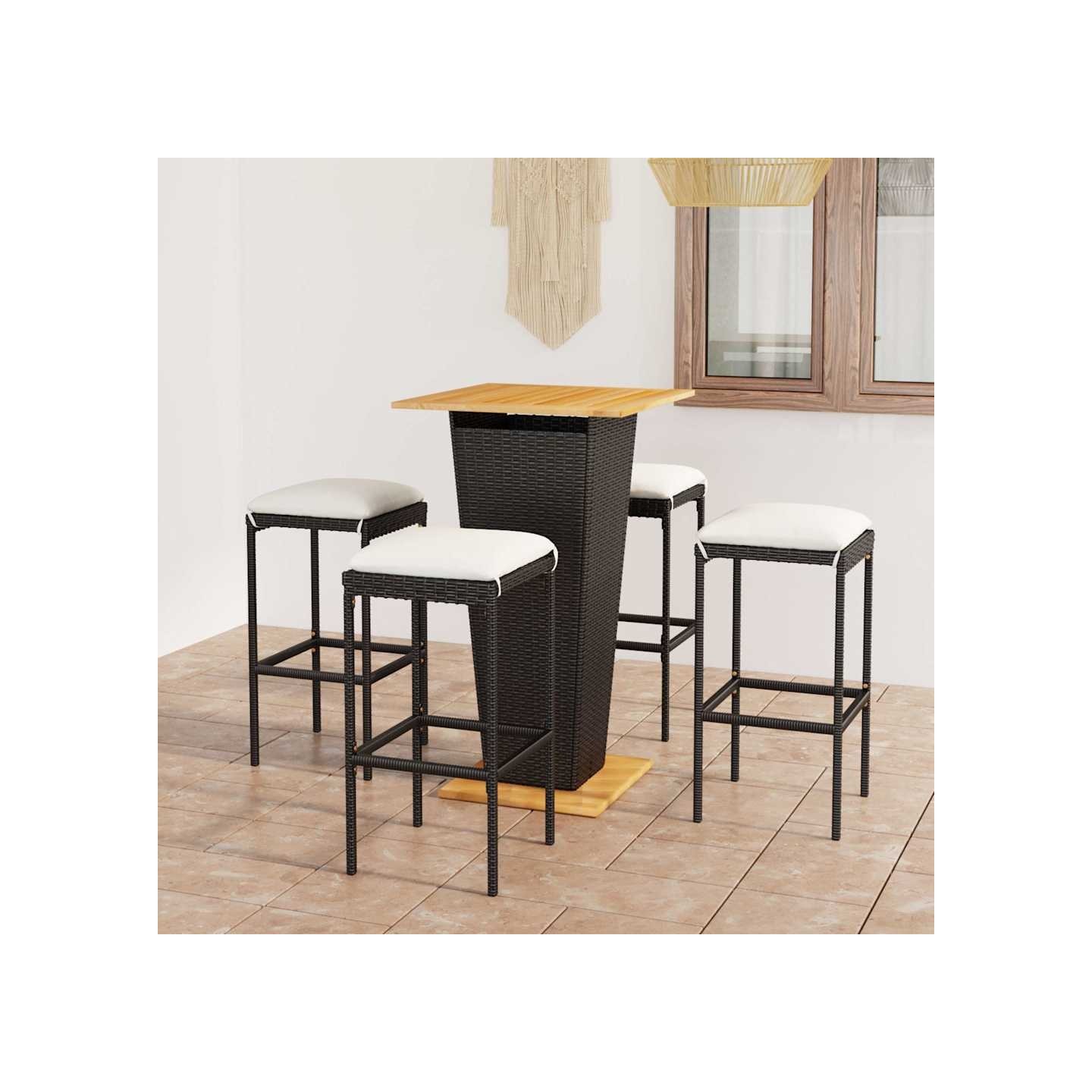 Ensemble de bar de jardin 5 pcs et coussins Résine tressée Noir