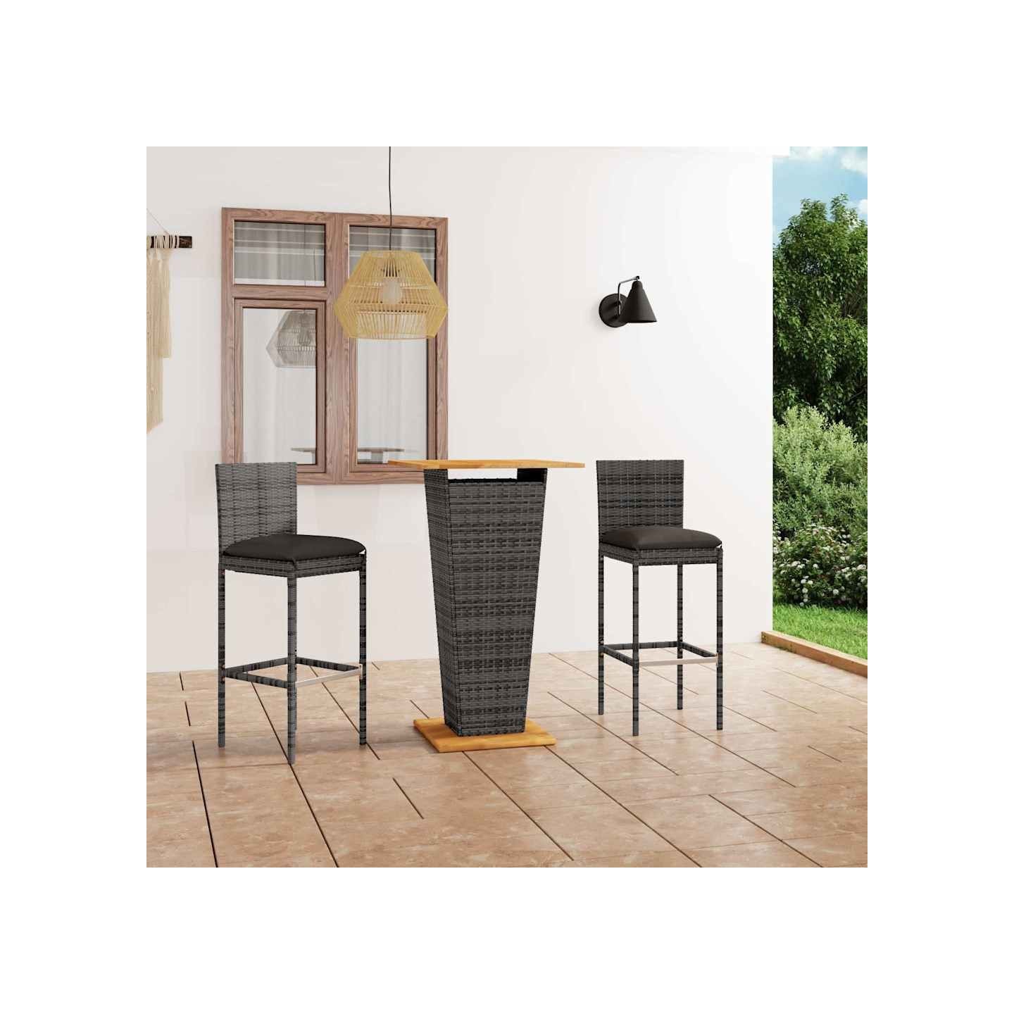 Ensemble de bar de jardin 3 pcs et coussins Résine tressée Gris