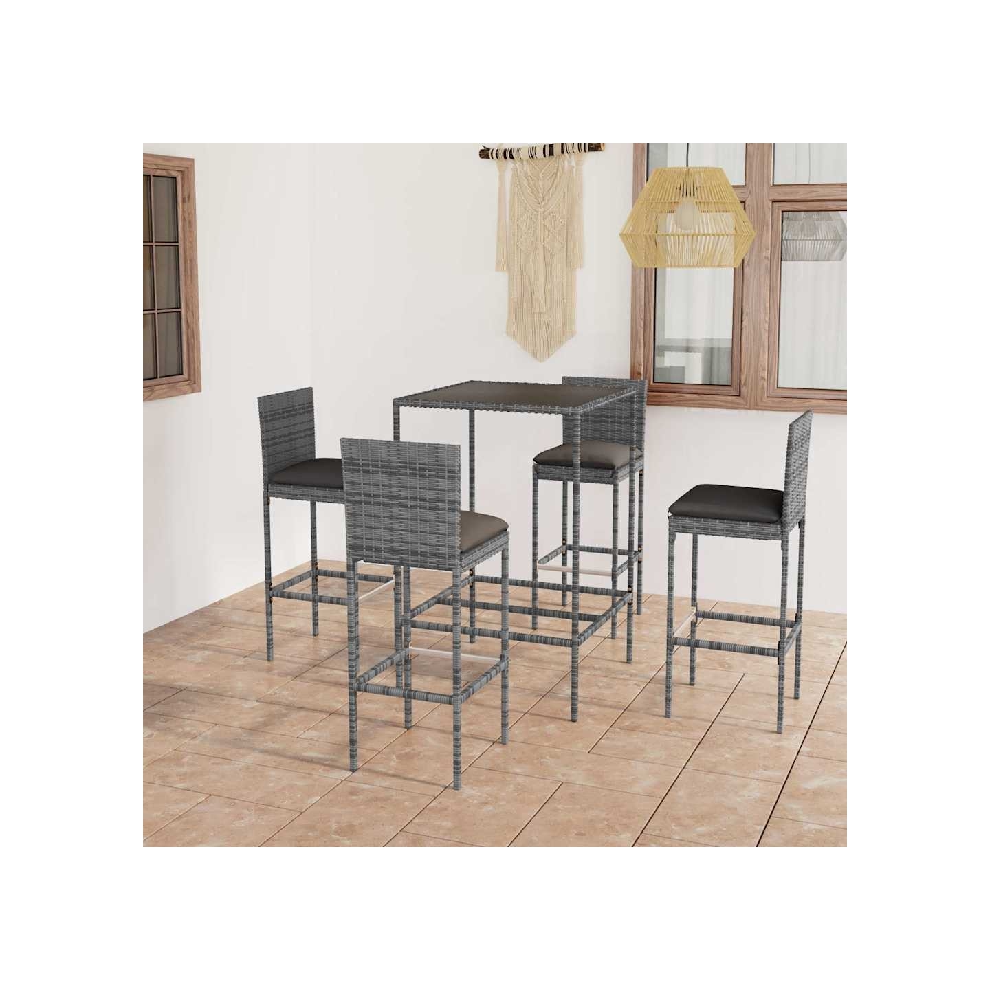 Ensemble de bar de jardin 5 pcs et coussins Résine tressée Gris