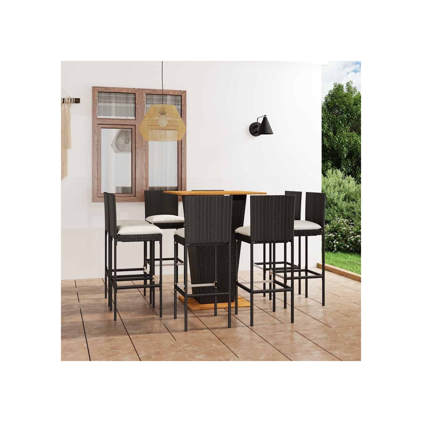 Ensemble de bar de jardin 9 pcs et coussins Résine tressée Noir