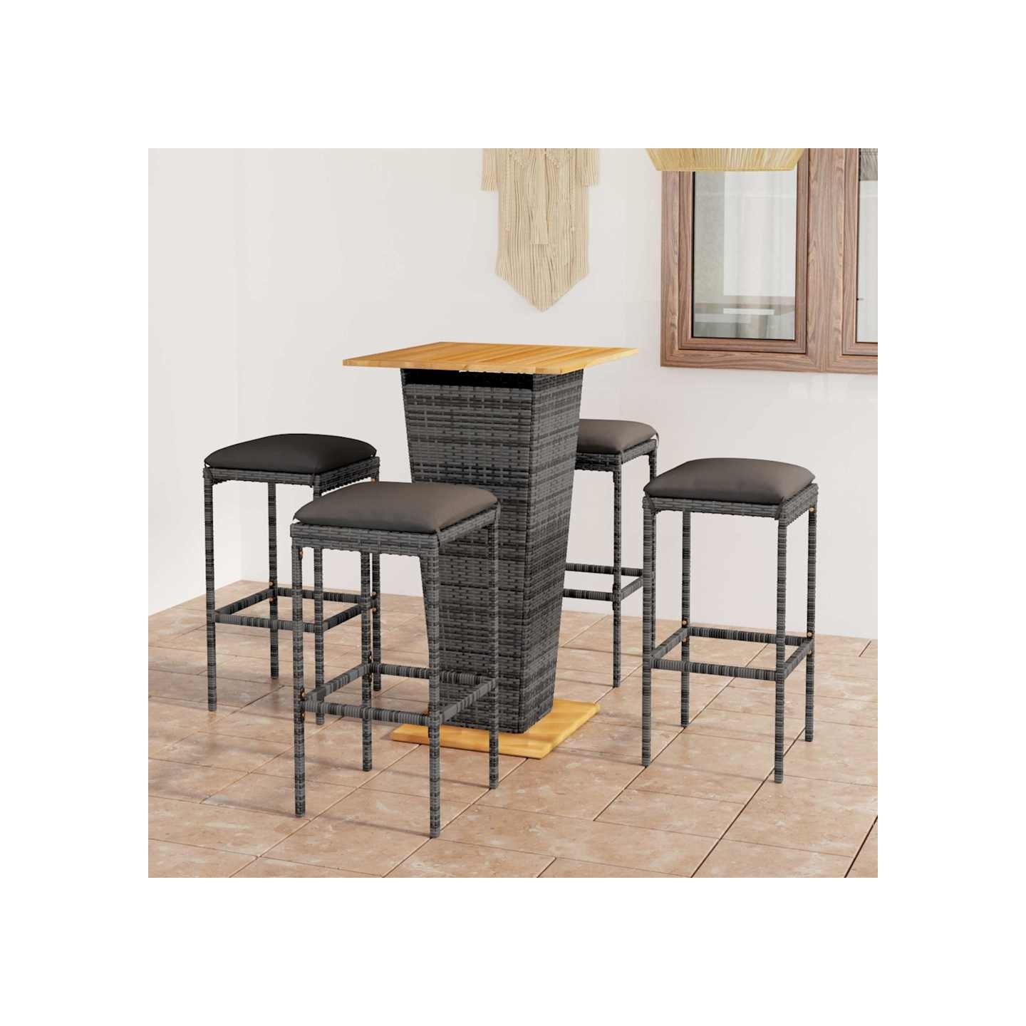 Ensemble de bar de jardin 5 pcs et coussins Résine tressée Gris