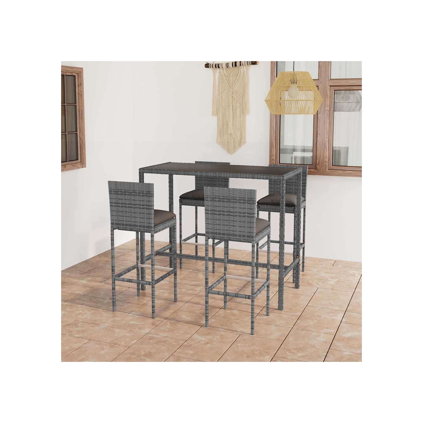 Ensemble de bar de jardin 5 pcs et coussins Résine tressée Gris