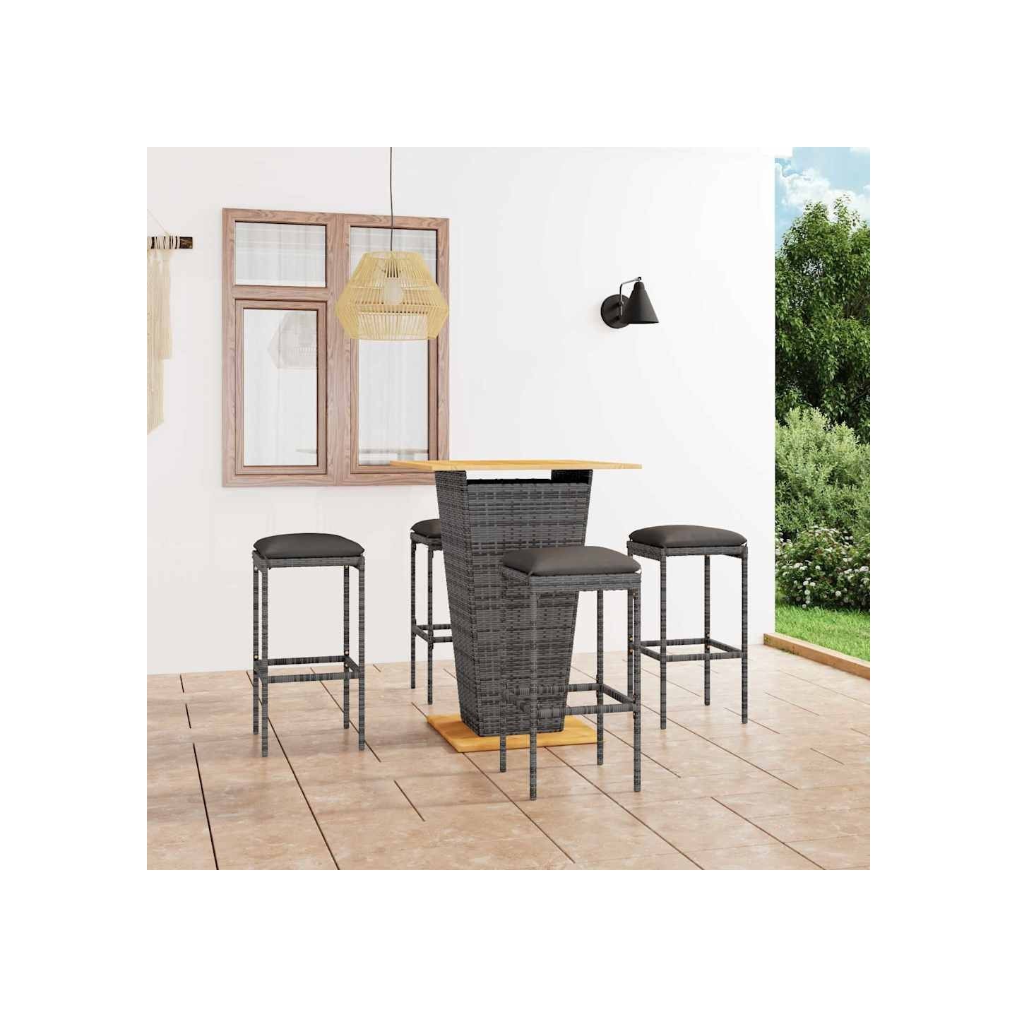 Ensemble de bar de jardin 5 pcs et coussins Résine tressée Gris