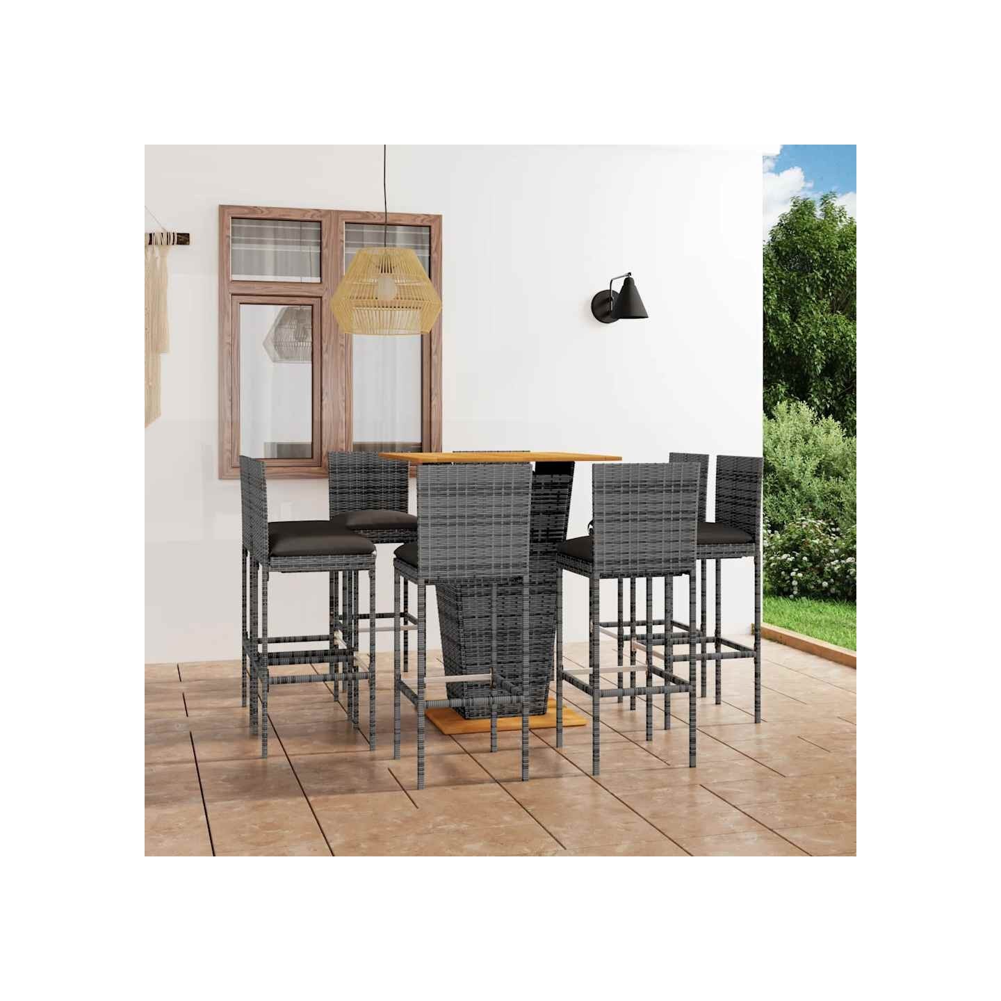 Ensemble de bar de jardin 9 pcs et coussins Résine tressée Gris