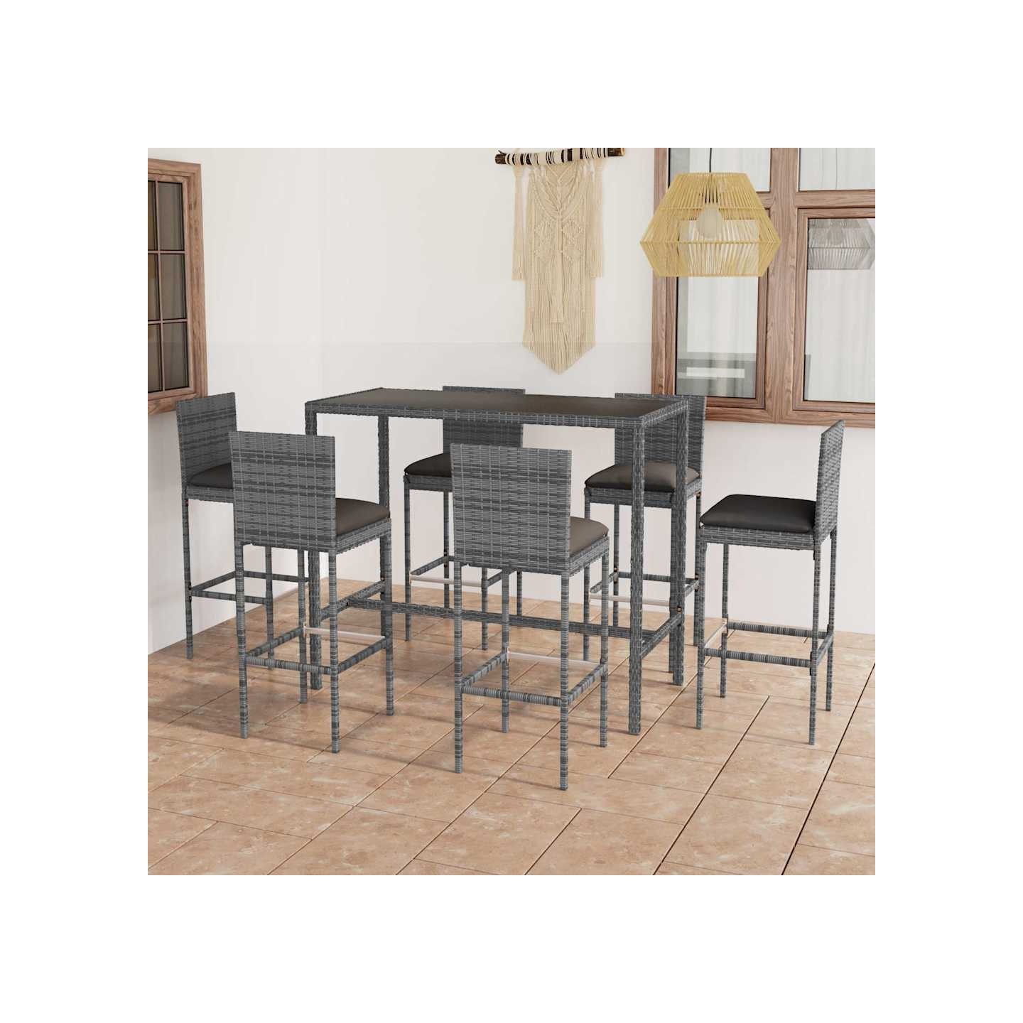 Ensemble de bar de jardin 7 pcs et coussins Résine tressée Gris