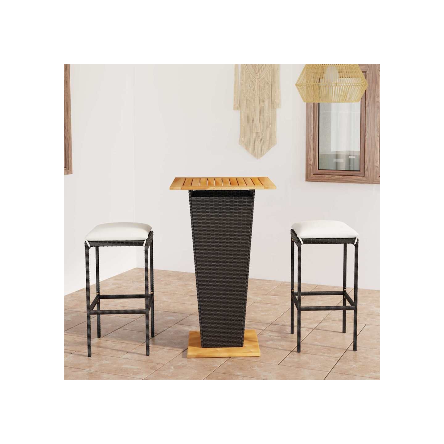 Ensemble de bar de jardin 3 pcs et coussins Résine tressée Noir