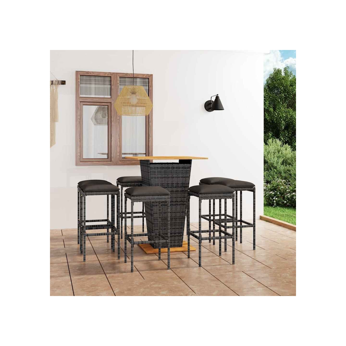 Ensemble de bar de jardin 9 pcs et coussins Résine tressée Gris