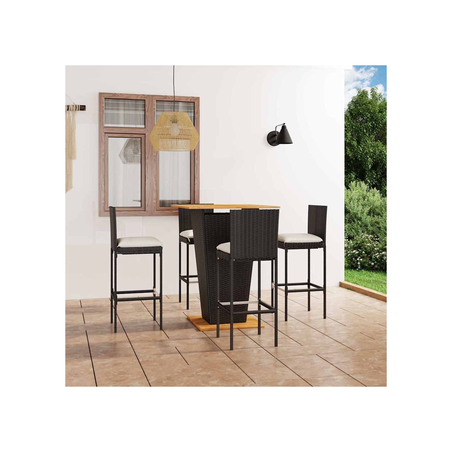 Ensemble de bar de jardin 5 pcs et coussins Résine tressée Noir