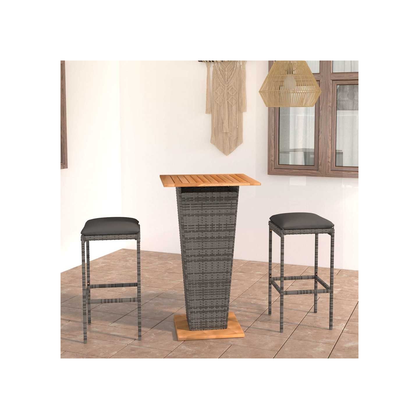 Ensemble de bar de jardin 3 pcs et coussins Résine tressée Gris