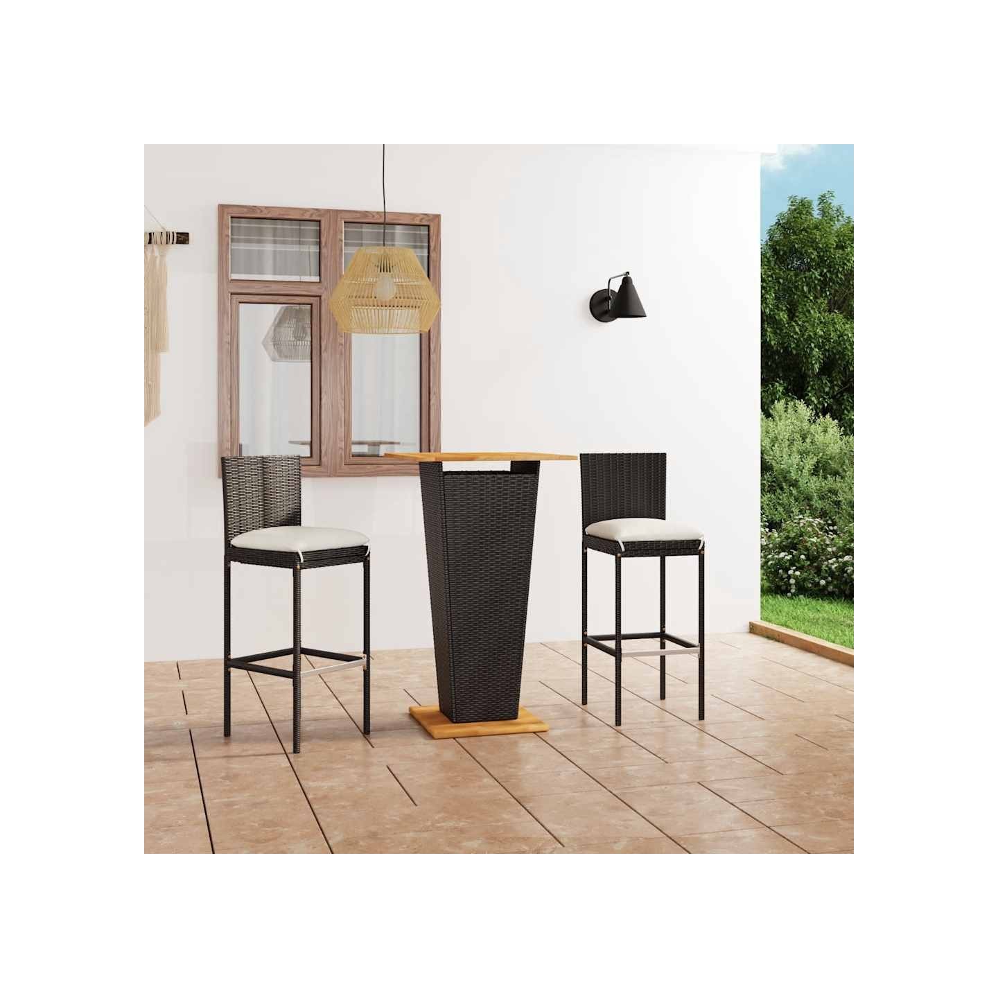 Ensemble de bar de jardin 3 pcs et coussins Résine tressée Noir