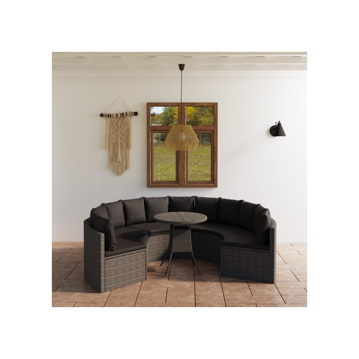 Salon de jardin 7 pcs avec coussins Résine tressée Gris