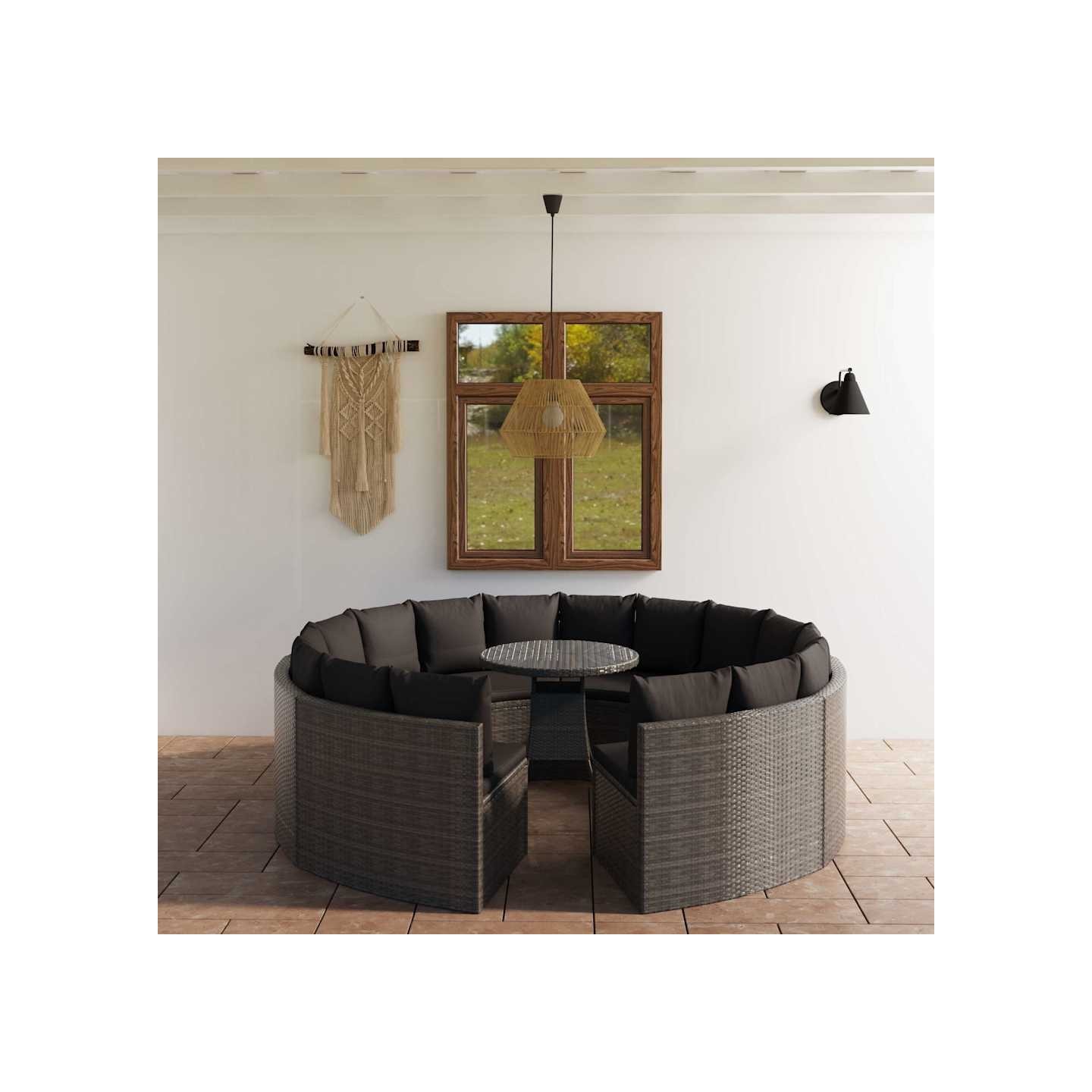 Salon de jardin 9 pcs avec coussins Résine tressée Gris