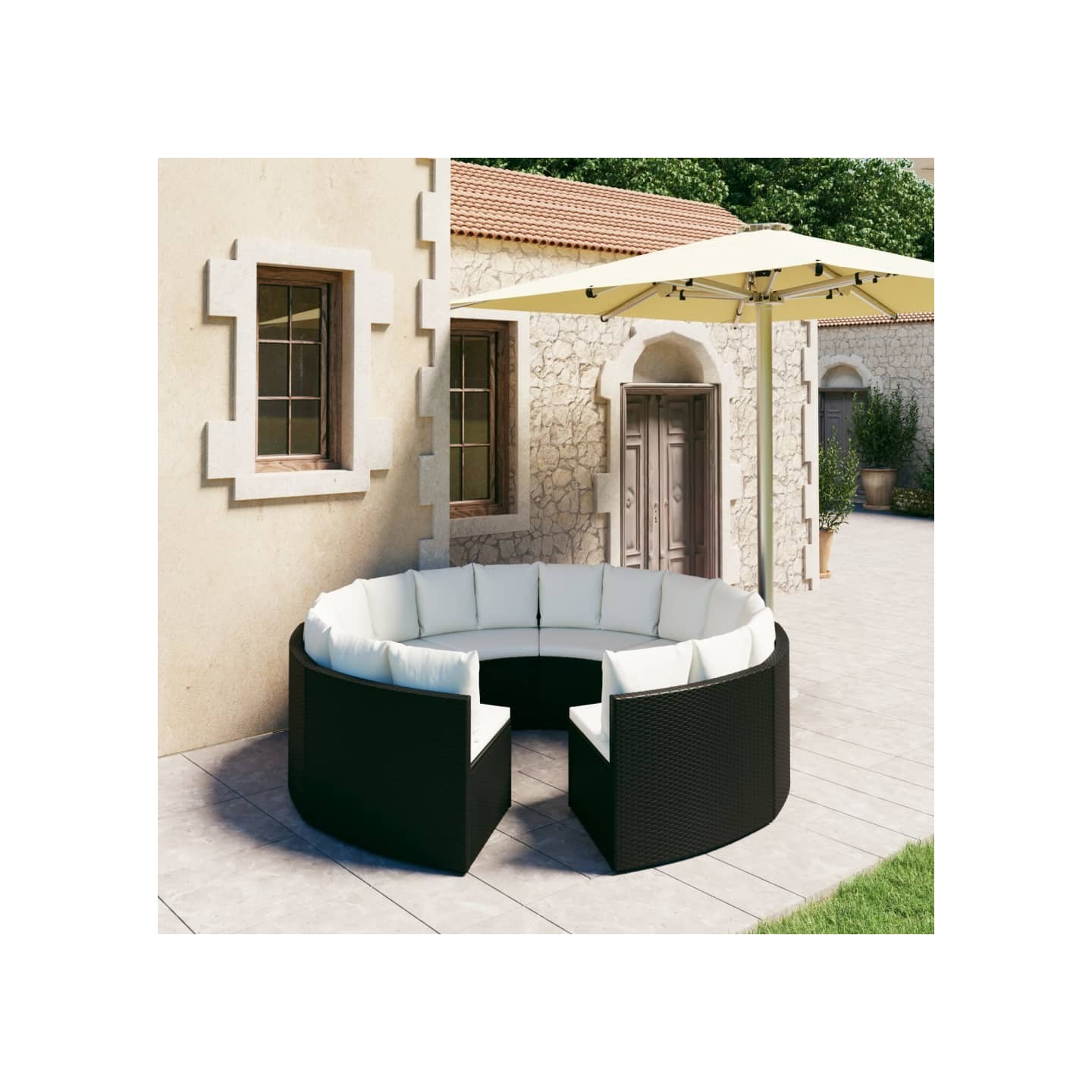 Salon de jardin 8 pcs avec coussins Résine tressée Noir