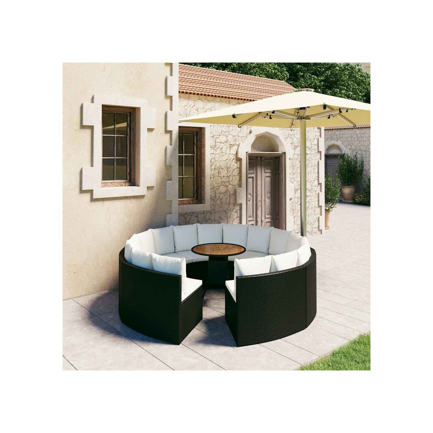 Salon de jardin 9 pcs avec coussins Résine tressée Noir