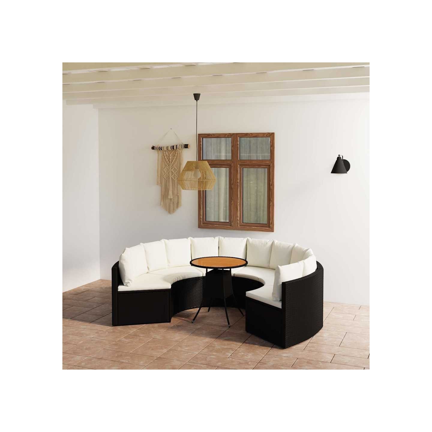 Salon de jardin 7 pcs avec coussins Résine tressée Noir