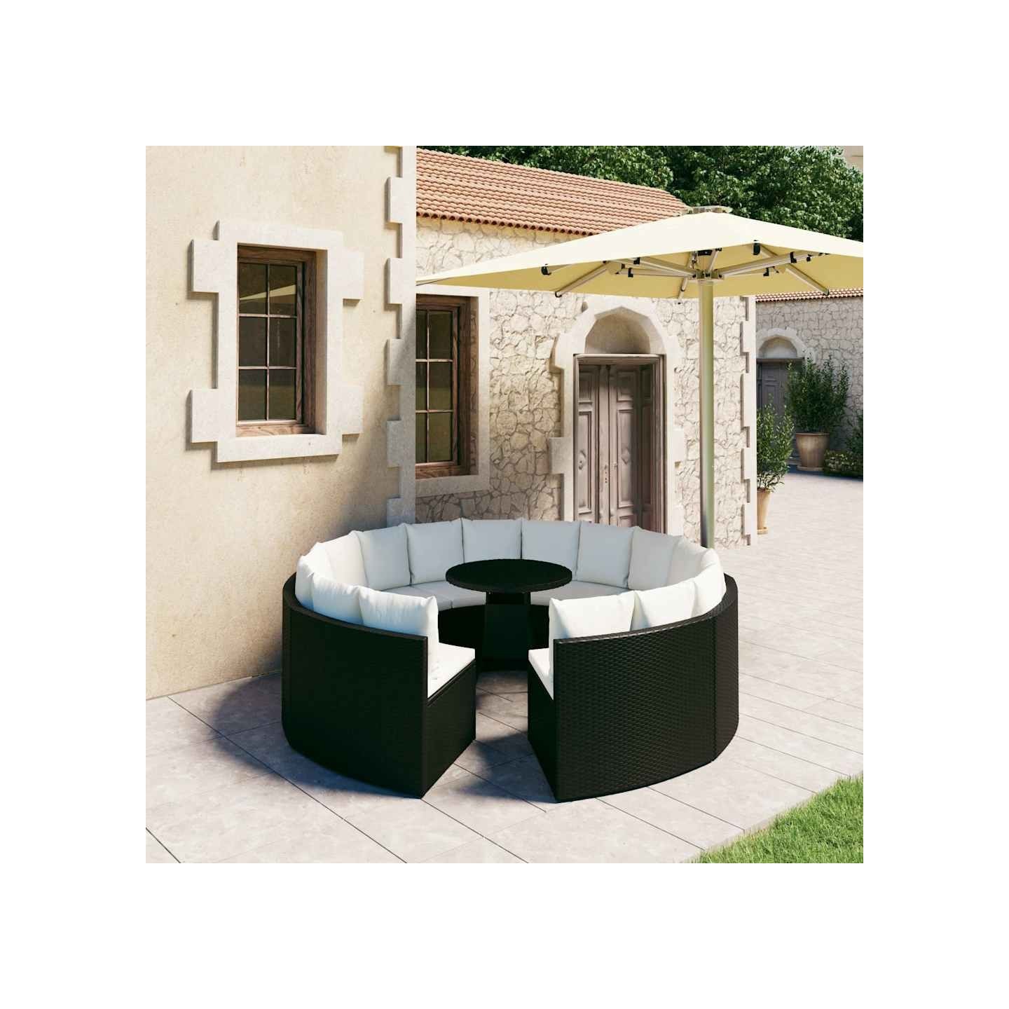 Salon de jardin 9 pcs avec coussins Résine tressée Noir