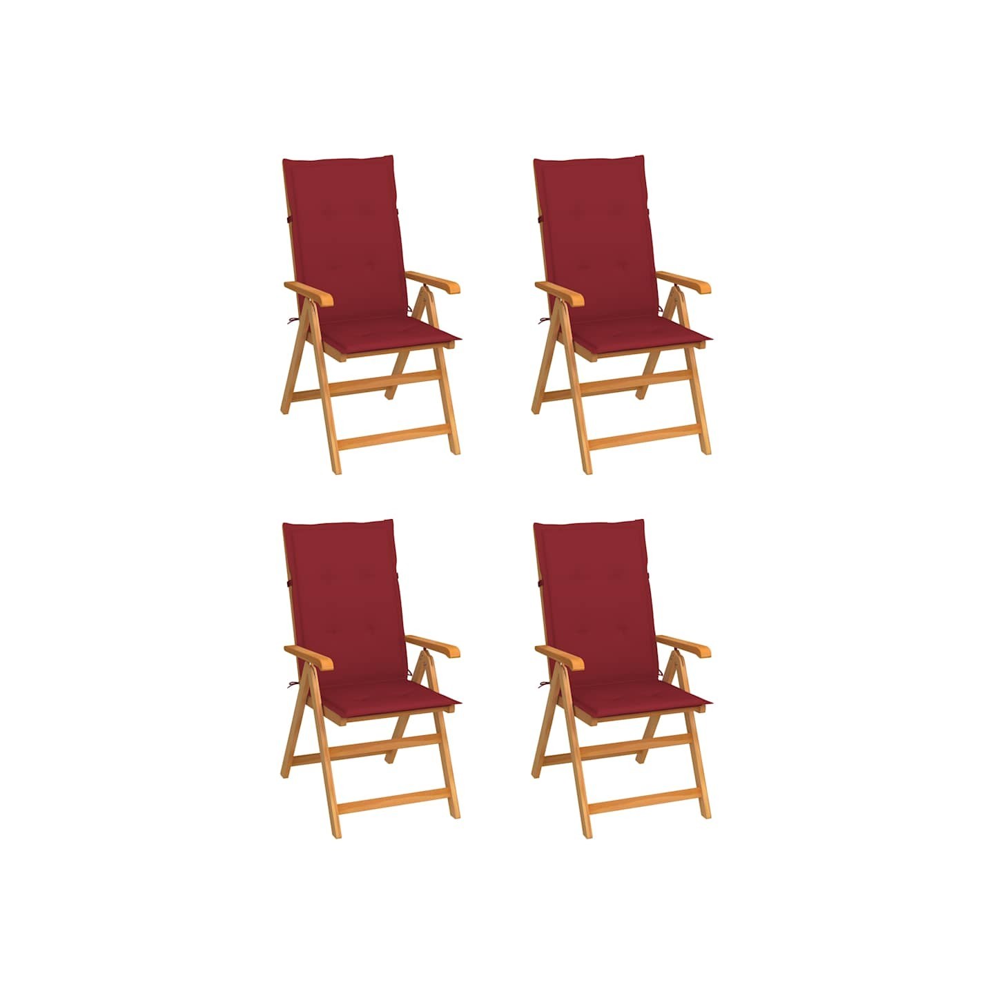 Ensemble de 4 chaises pliantes en teck massif avec coussins rouge bordeaux