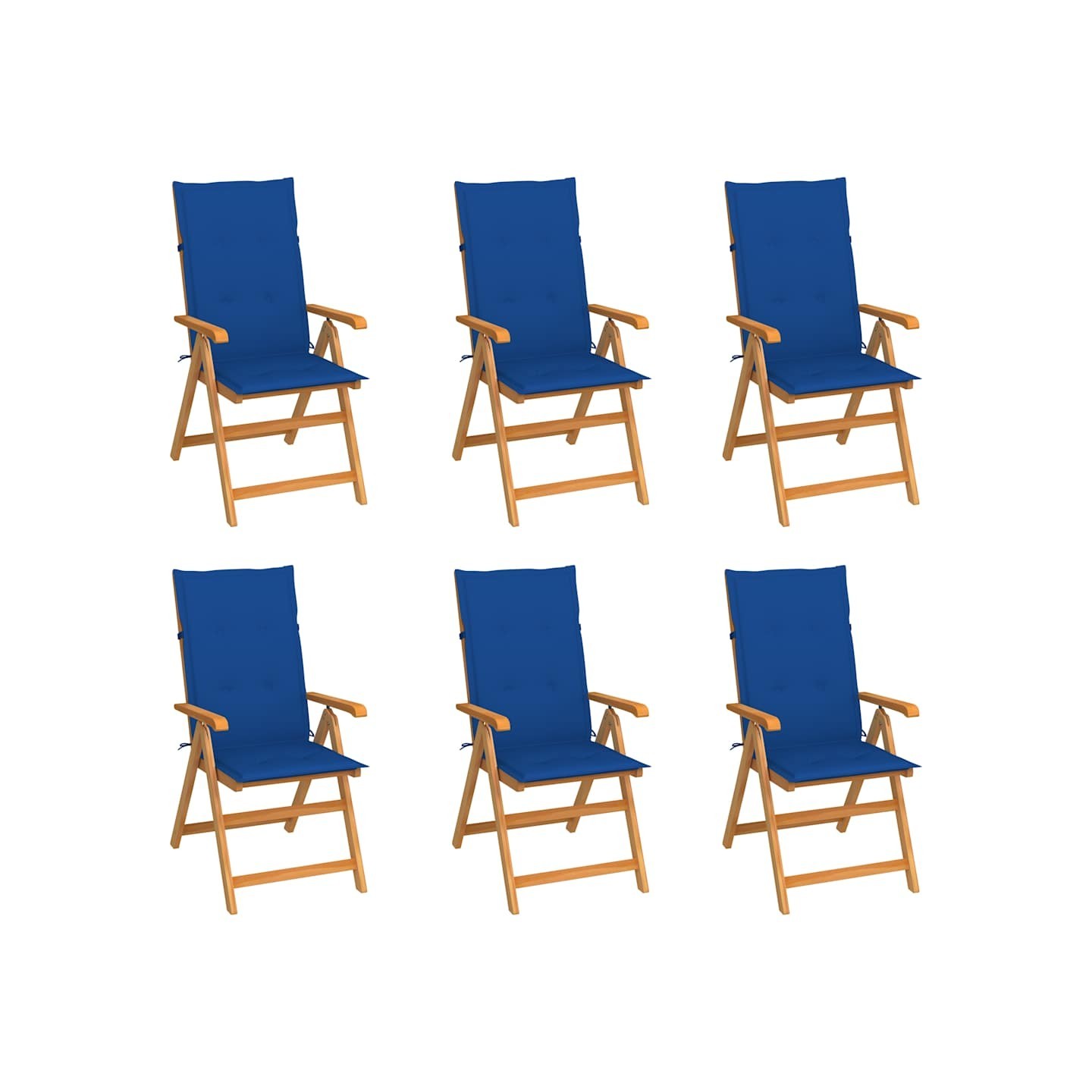 Ensemble de 6 chaises pliantes en teck massif avec coussins bleu roi