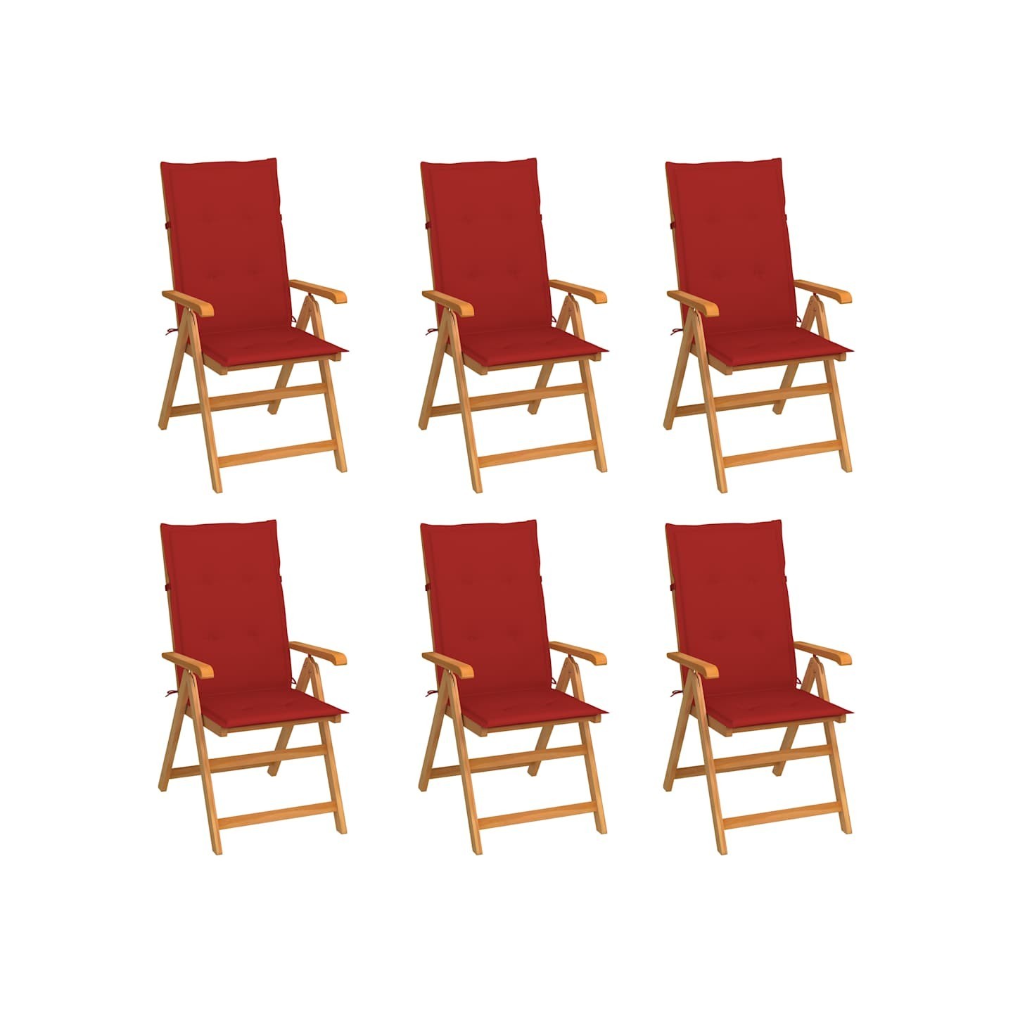 Ensemble de 6 chaises pliantes avec coussins rouges en teck massif