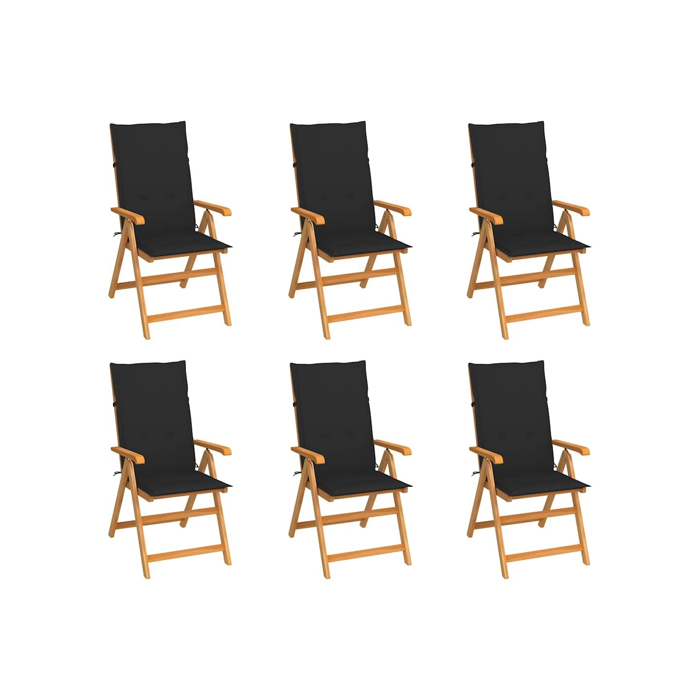 Ensemble de 6 chaises pliantes en teck massif avec coussins noirs