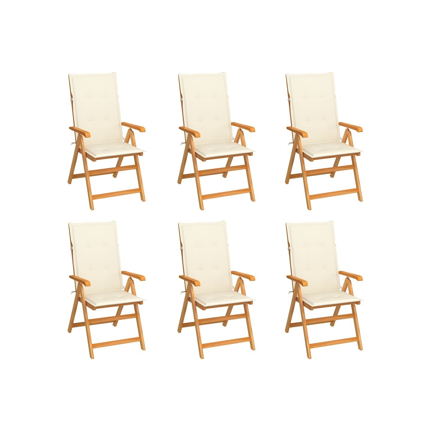 Ensemble de 6 chaises pliantes en teck massif avec coussins crème