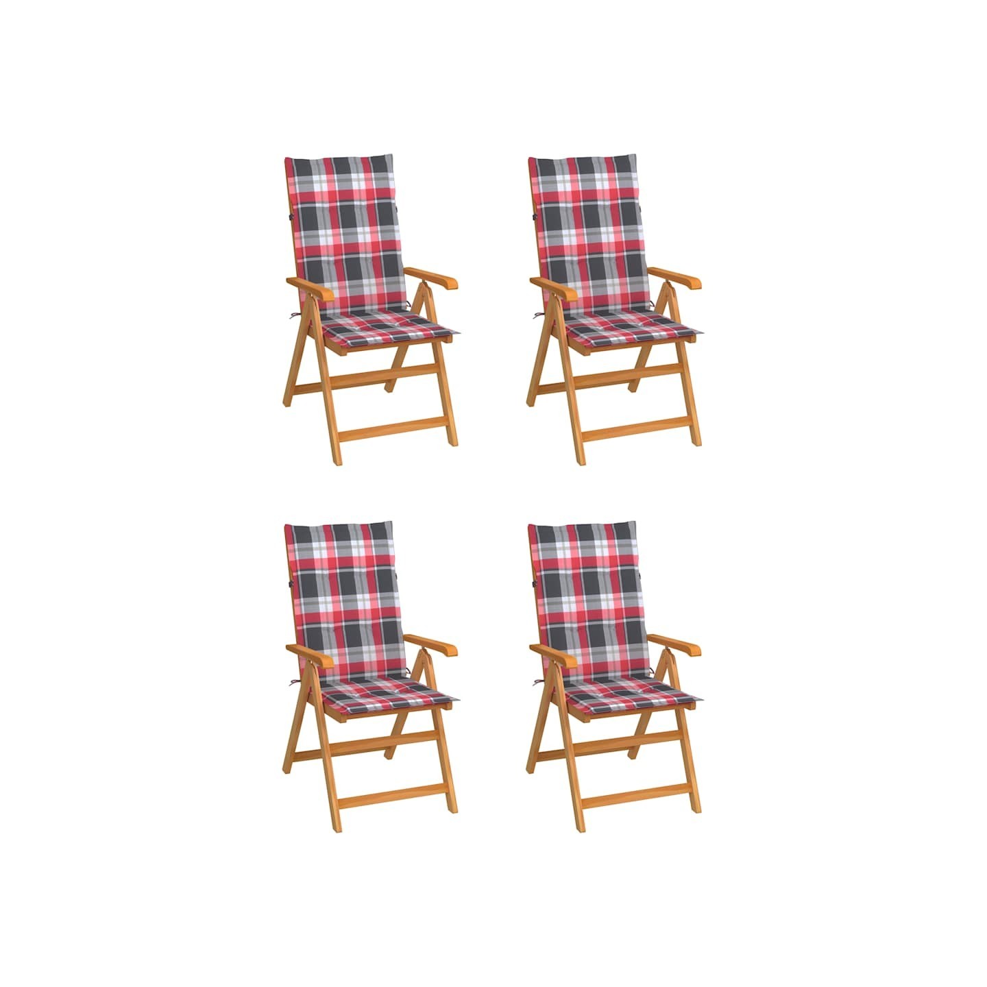 Chaises pliantes, coussins à carreaux rouges, bois de teck massif (4 pièces).