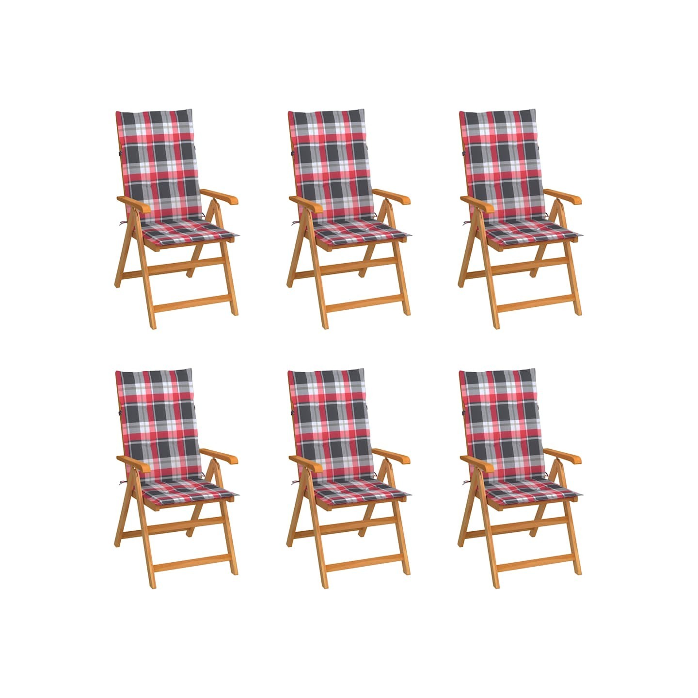 Chaises pliantes, 6 coussins à carreaux rouges, bois de teck massif