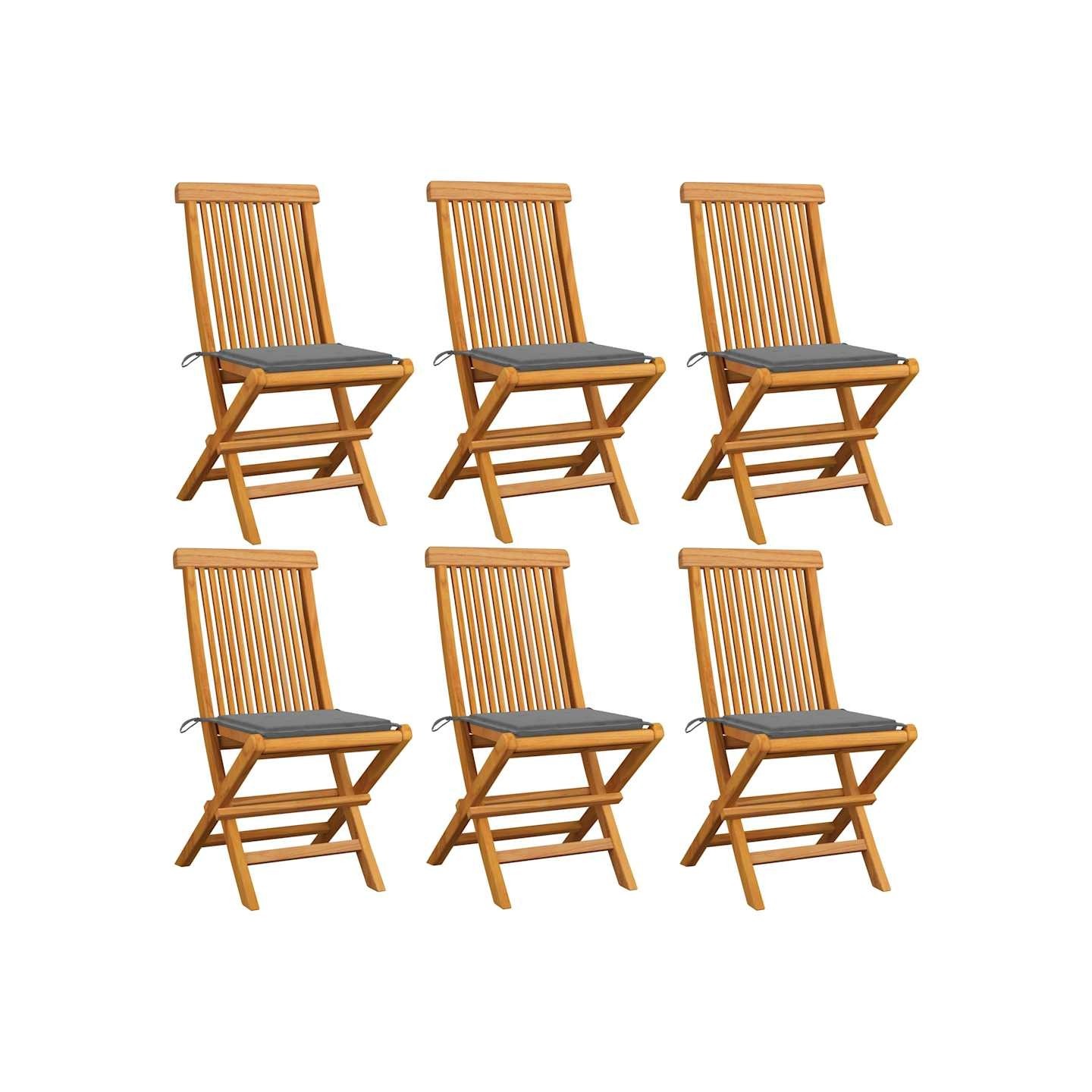 Chaises pliantes avec coussins gris, 6 pièces, en teck massif