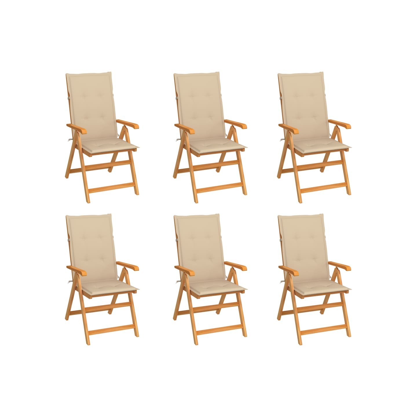Ensemble de 6 chaises pliantes en teck massif avec coussins beiges