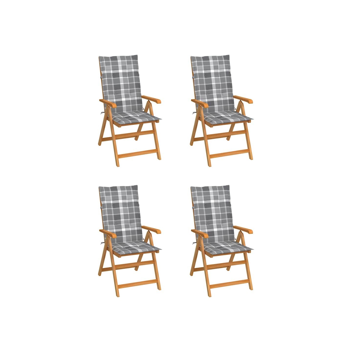 Chaises pliantes, 4 pièces, coussins à carreaux gris, bois de teck massif
