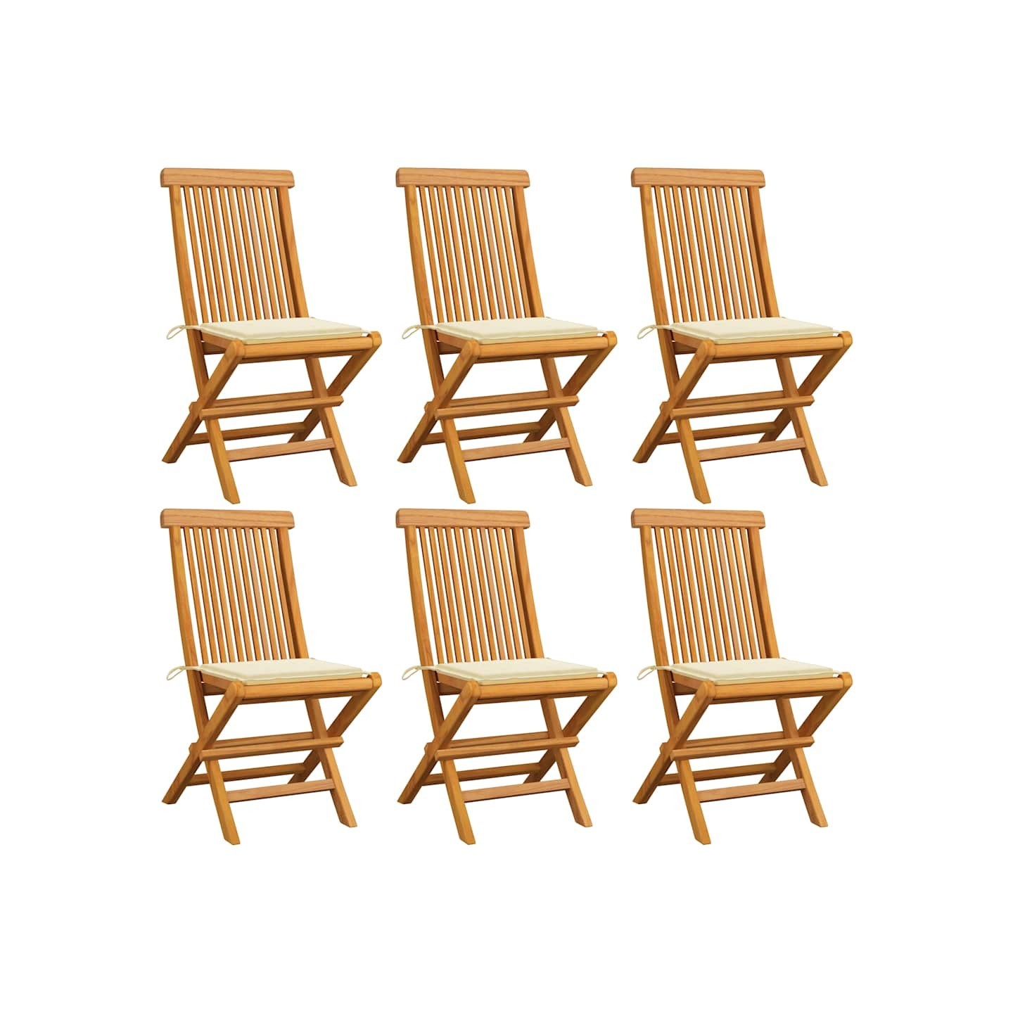 Chaises pliantes avec coussins crème, 6 pièces, en teck massif