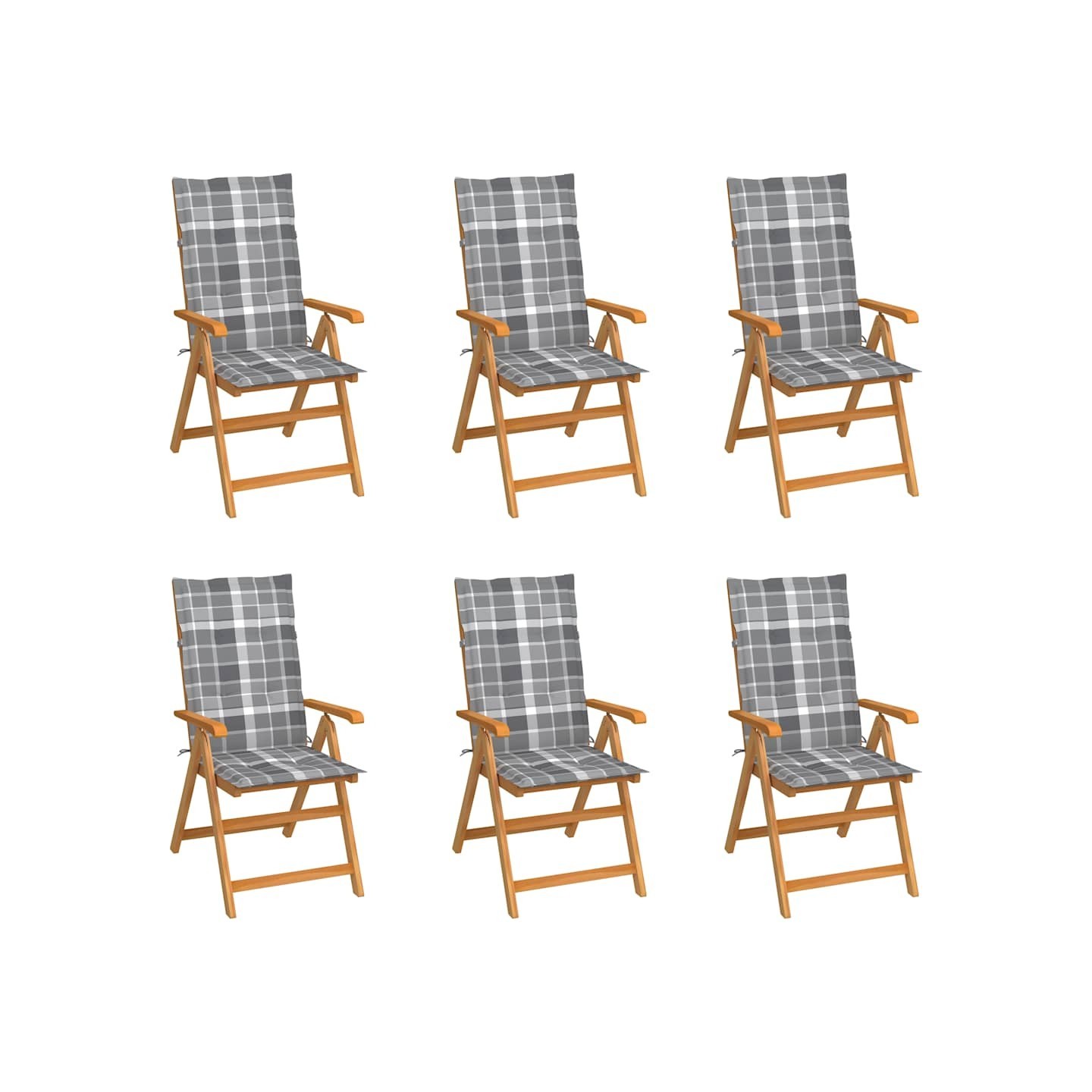 Chaises pliantes, 6 coussins à carreaux gris, bois de teck massif