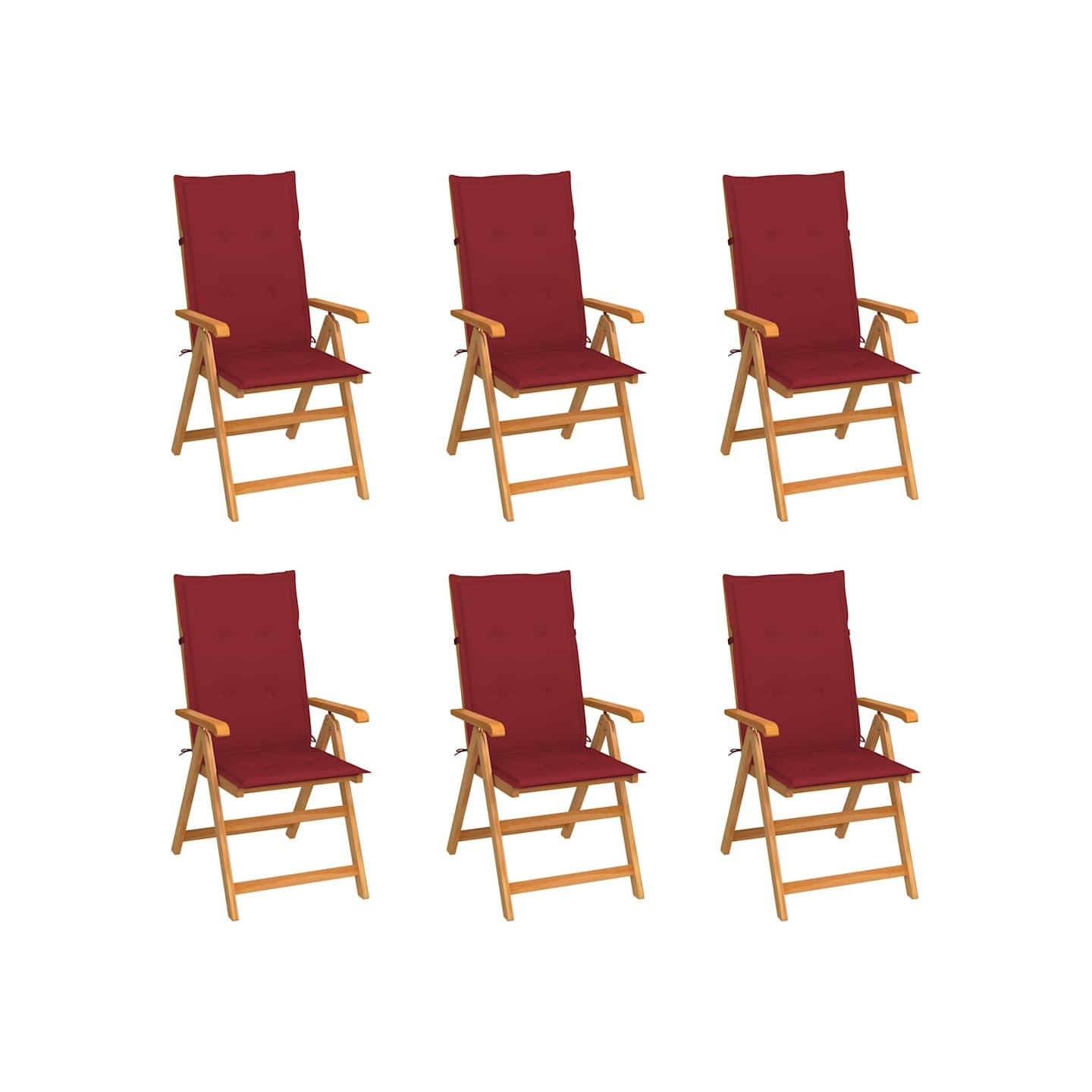 Ensemble de 6 chaises pliantes en teck massif avec coussins rouge bordeaux