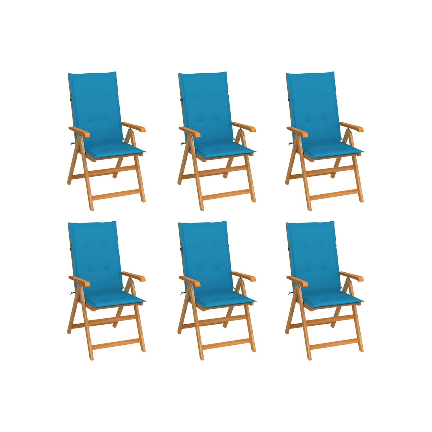 Ensemble de 6 chaises pliantes en teck massif avec coussins bleus