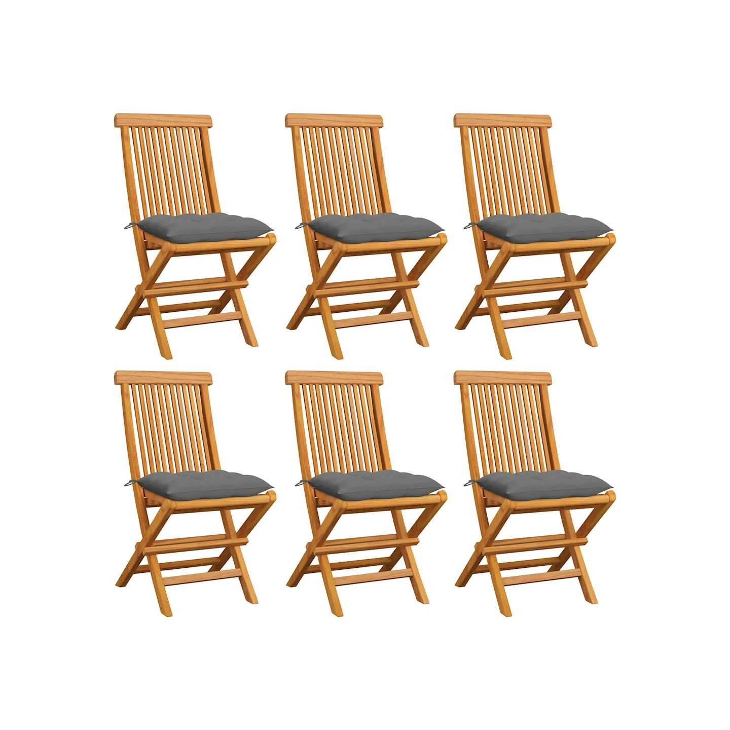 Chaises pliantes avec coussins gris, 6 pièces, en teck massif