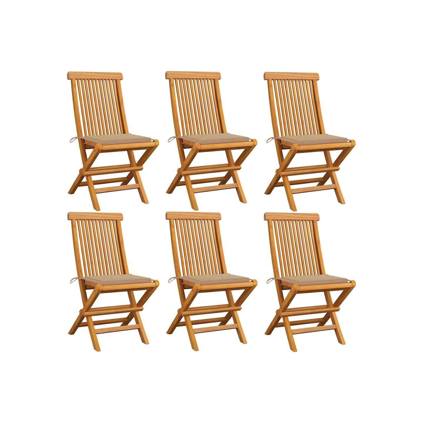 Chaises pliantes avec coussins beiges, 6 pièces, en teck massif