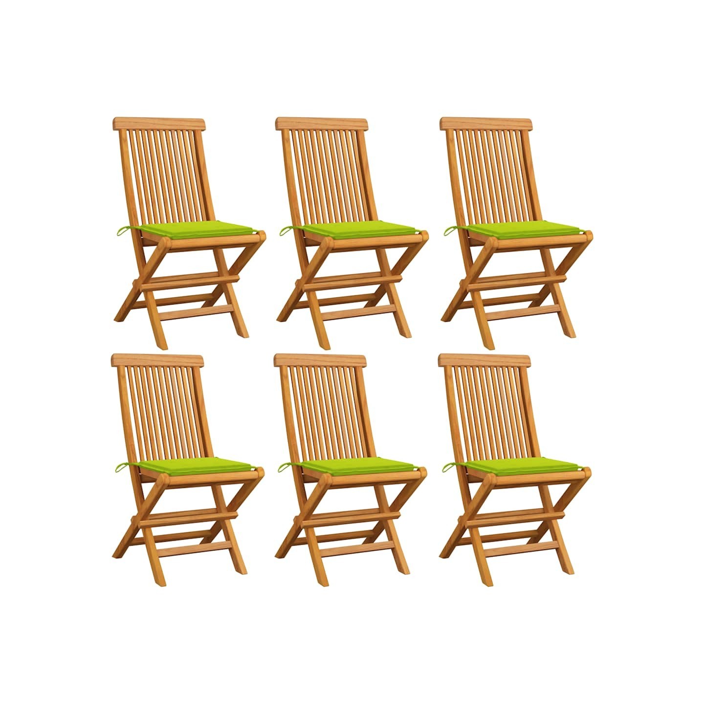 Chaises pliantes avec coussins vert vif, 6 pièces, en teck massif