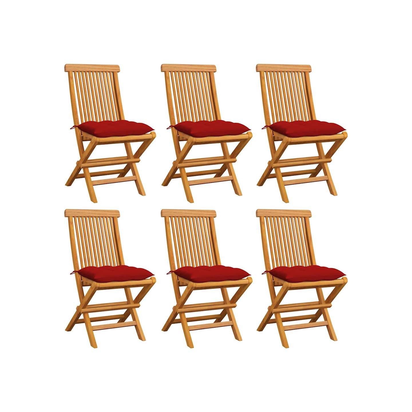 Chaises pliantes avec coussins rouges, 6 pièces, en teck massif