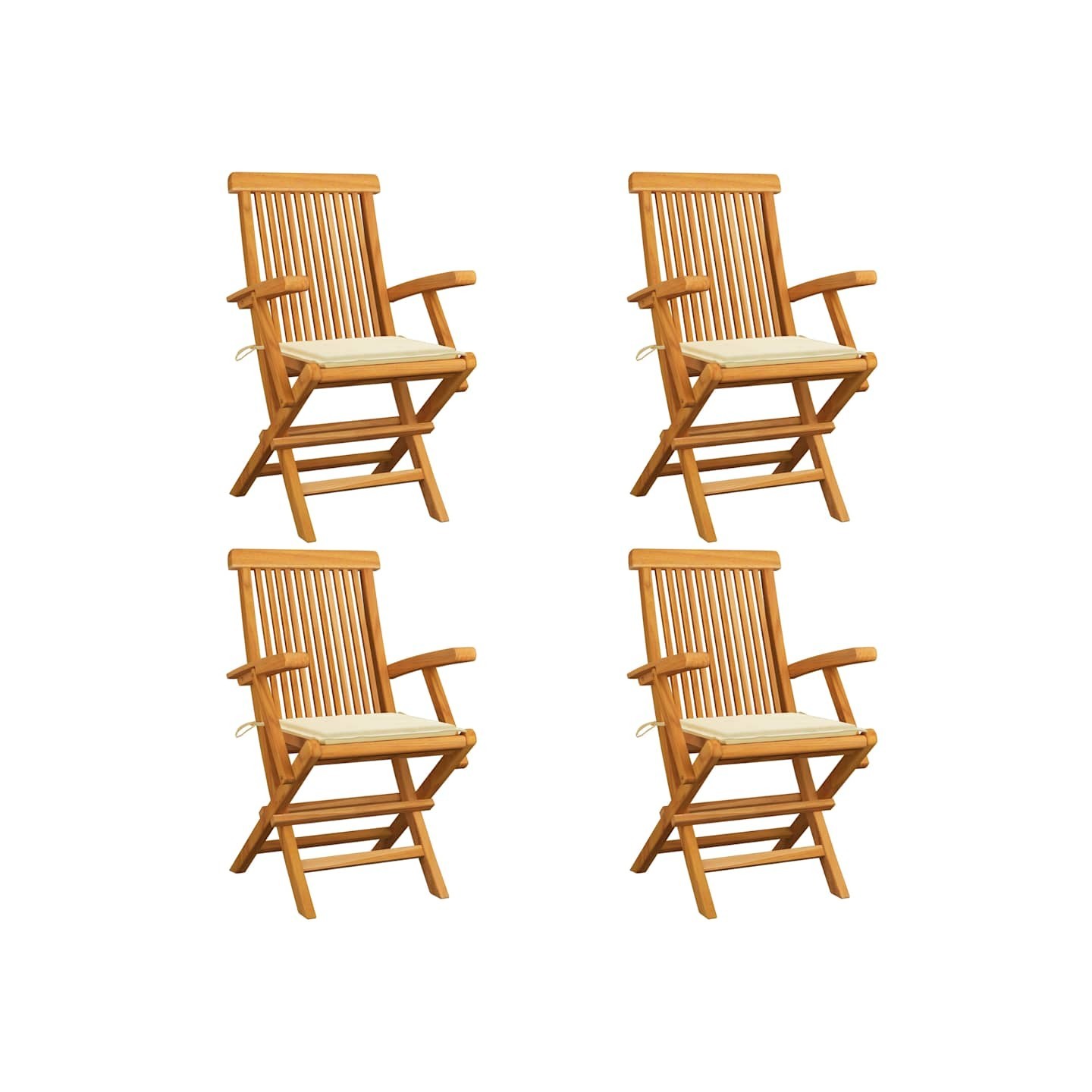 Chaises pliantes avec coussins crème, 4 pièces, en bois de teck massif